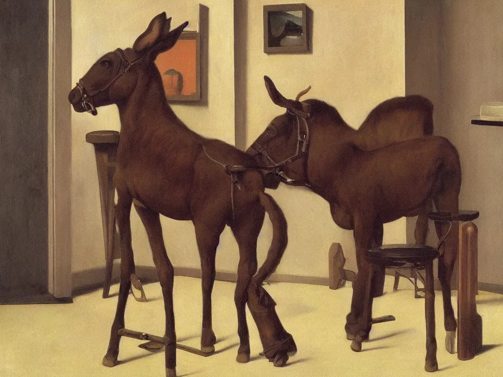 Image similar to a mule and a barstool by Raphael, Hopper, and Rene Magritte. detailed, romantic, enchanting, trending on artstation.