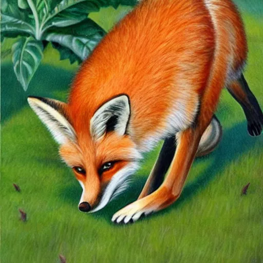 Image similar to beautiful lifelike painting of a fox chewing its own tail, hyperreal detailed facial features and uv lighting, art by ed roth and basil wolverton