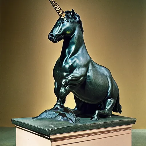 Image similar to professional color photograph of a patinated bronze portrait bust of an angry unicorn bull supported by a bronze plinth, by Auguste Rodin