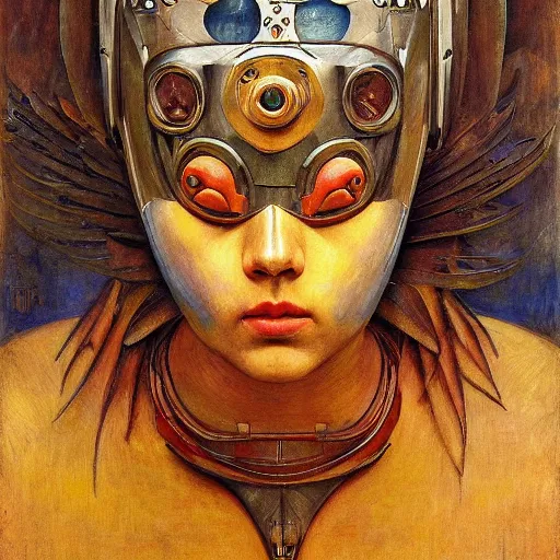 Image similar to the bird queen with her robot mask, by annie swynnerton and diego rivera and elihu vedder, symbolist, dramatic lighting, elaborate geometric ornament, head and shoulders view, art brut, soft cool colors, smooth, sharp focus, extremely detailed, adolf wolfli, donato giancola