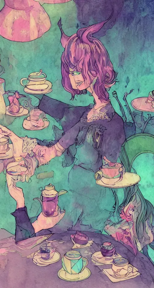Image similar to soldier of chaos, mischief and beauty having tea alone at a table in a pastel fantasy land, surreal, glitched watercolor, chromatic abberation, trending on artstation, in the style of james jean feint, inspired by art nouveau