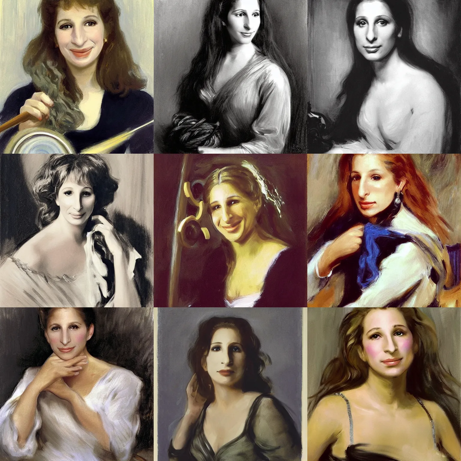 Prompt: barbra streisand no makeup, wavy hair, slight smile, spinning yarn on a spinning wheel, defined facial features, symmetrical facial features. by john singer sargent