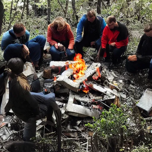 Prompt: group huddled around a fire in a decaying building with the world outside overgrown and in ruins from a higher perspective