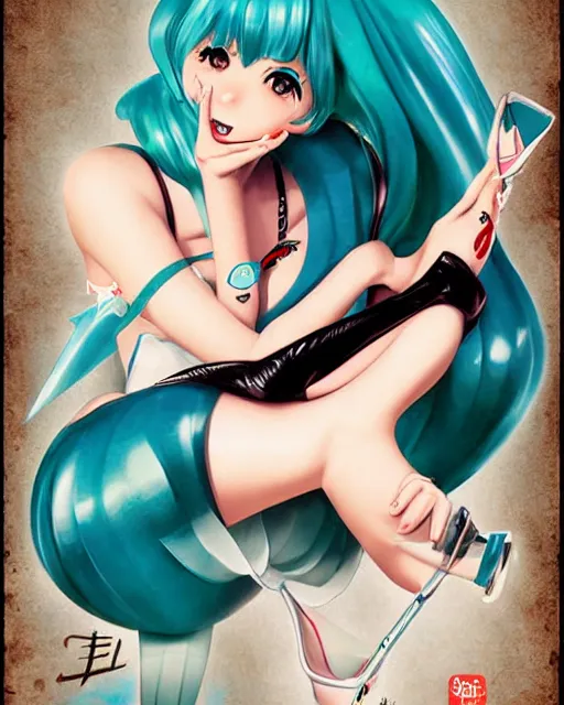 Prompt: Hatsune Miku pin-up poster by Gil Elvgren