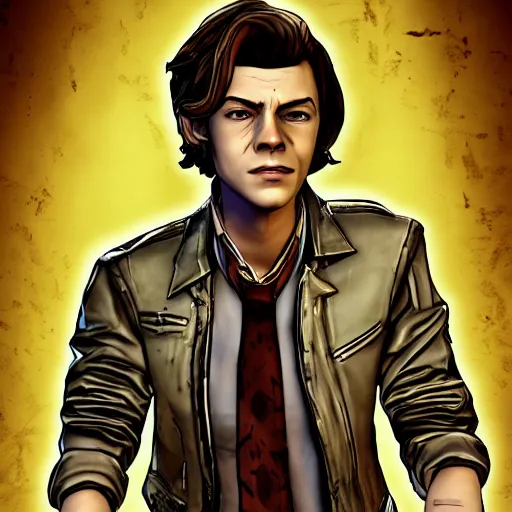 Image similar to harry styles portrait, borderlands, tales from the borderlands, the wolf among us, comic, cinematic lighting, studio quality, 8 k