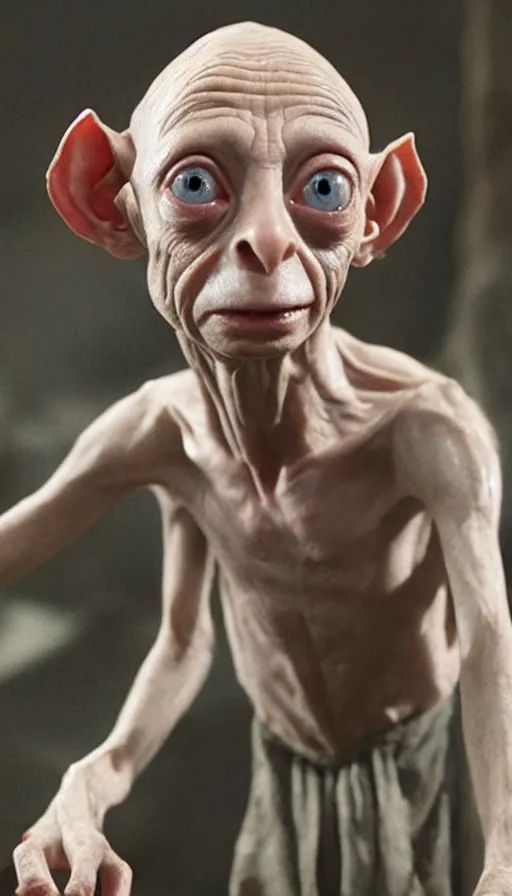 Image similar to dobby gollum, cinema still