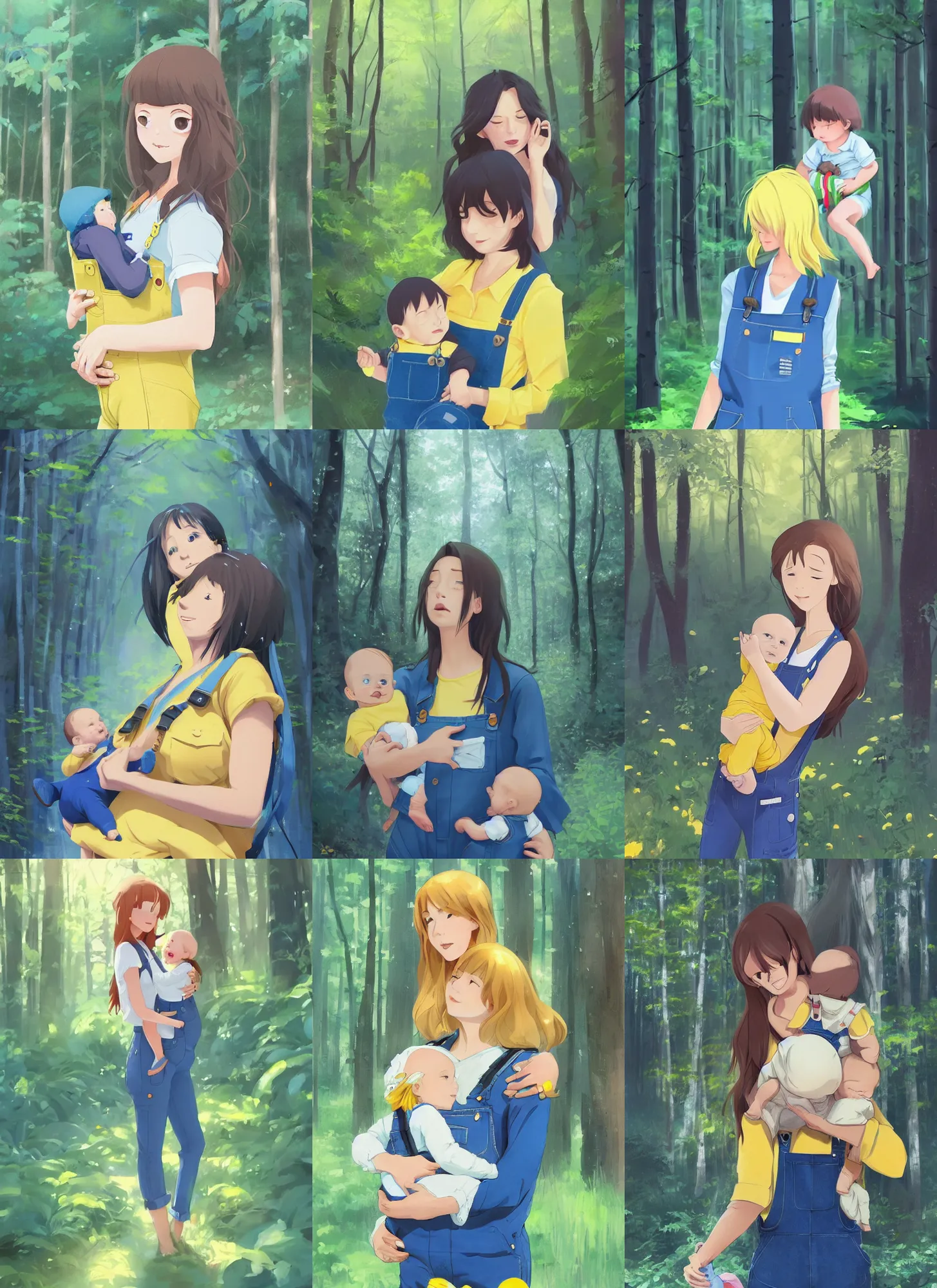 Prompt: a long hair dark blond mum, she is wearing a blue overalls, she is cradling a baby, the baby havea yellow bob. they are in a forest, coherent. 1 mum, 1 baby, by makoto shinkai, rossdraws, james jean trending on artstation, digital art.