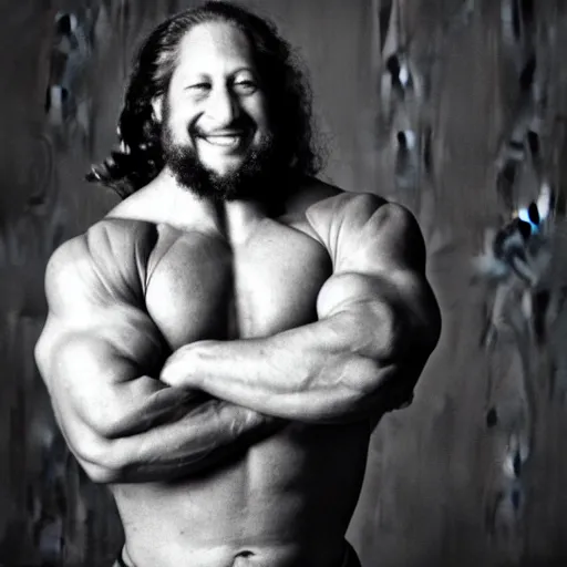 Image similar to photograph of richard stallman as a professional bodybuilder, happy facial expression, black and white photograph, 3 5 mm