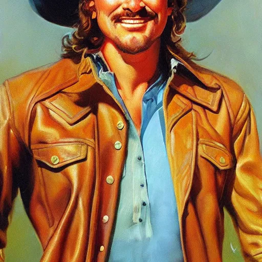 Prompt: Morgan Wallen cowboy artwork by boris vallejo