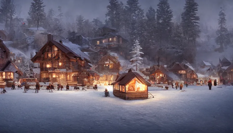 Image similar to wooden village built near a frozen lake in snowy mountains, fireplace, evening, people, hyperdetailed, artstation, cgsociety, 8 k