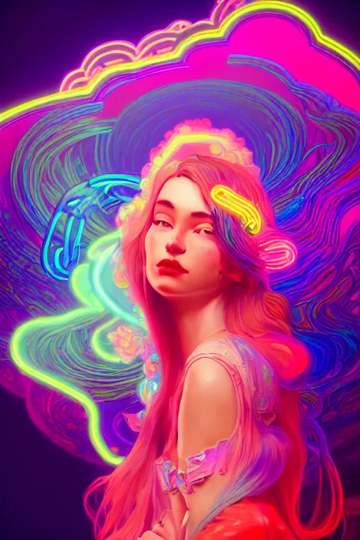 Image similar to a gorgeous woman surrounded by colorful liquid clouds and neon smoke, extremely detailed, in a psychedelic experience, psilocybin, dmt, lsd, face, highly detailed, artstation, alphonse mucha, hana yata, and artem demura and beeple, octane render, unreal engine, 8 k