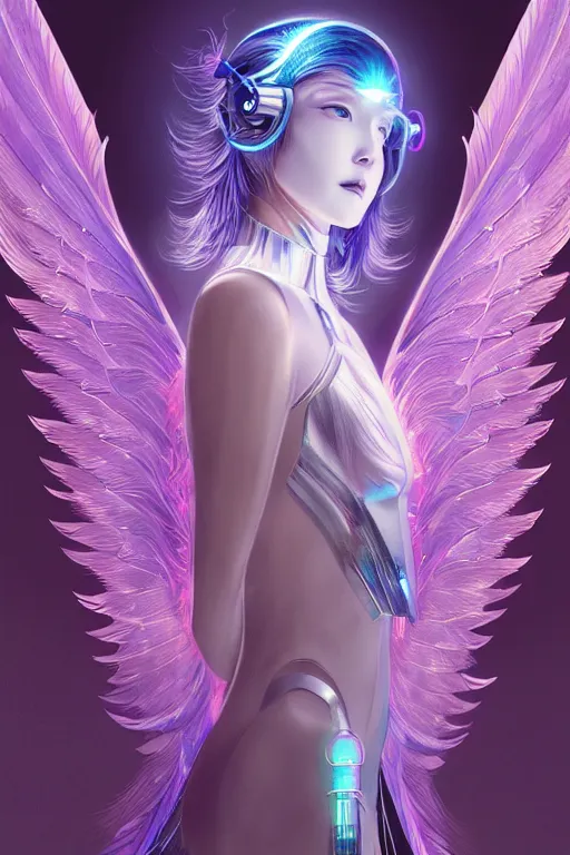 Image similar to portrait futuristic angel Girl with halo and wings and feathers and silver mirror armor, in future cyberpunk tokyo rooftop , ssci-fi, fantasy, intricate, very very beautiful, elegant, human anatomy, human structure, neon light, highly detailed, digital painting, artstation, concept art, smooth, sharp focus, illustration, art by tian zi and WLOP and alphonse mucha