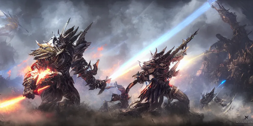 Prompt: guild wars 2, cinematic battlefield, god rays, digital art, high detail