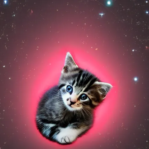 Image similar to a kitten wearing a red cape floating through galaxies of space on a recliner chair, cosmic rays, dramatic lighting, spirals galaxies