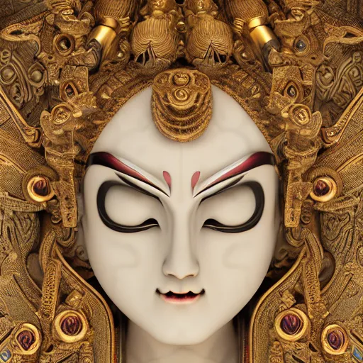 Image similar to naraka buddhist demon korean female, highly detailed, symmetrical long head, smooth marble surfaces, detailed ink illustration, raiden metal gear, cinematic smooth stone, deep aesthetic, concept art, post process, 4 k, carved marble texture and silk cloth, latex skin, highly ornate intricate details, in the style of 8 8 grzes