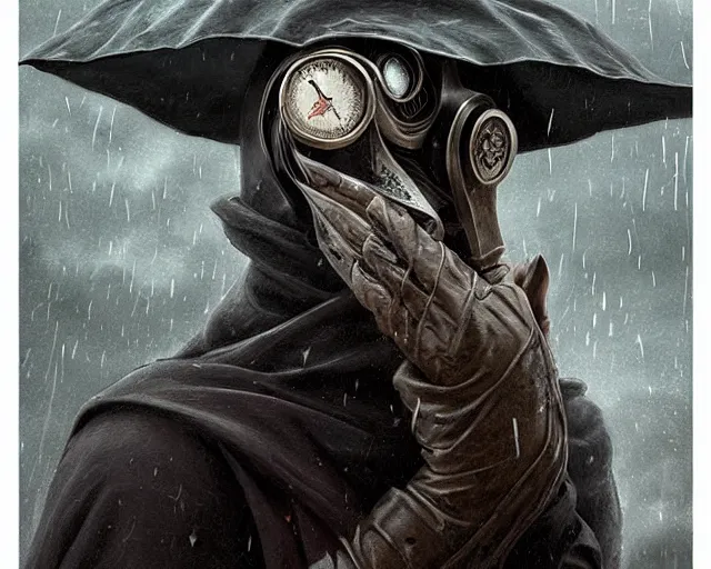 Image similar to plague doctor holding flowers, heavy rain, wind, thunder, reflections, deep focus, d & d, fantasy, intricate, elegant, highly detailed, digital painting, artstation, concept art, matte, sharp focus, illustration, hearthstone, art by artgerm and greg rutkowski and alphonse mucha