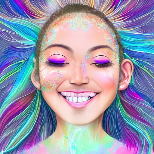 Prompt: A realistic centered portrait of a happy smiling ethereal asian sylph with a wide smile, ethereal vaporous tan skin, azure eyes and eyelashes, ethereal iridescent locks of hairs flying in the breeze and adorned with rainbow feathers, iridescent ethereal veils, flying high in the clouds::sunny weather, sss, translucency, light blue freckles and blemishes, long exposure, hologram, trending on artstation, soft natural lighting and shadows, VFX, CG