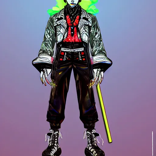 Image similar to a detailed portrait of a fashionable japanese demon wearing a cyberpunk bosozoku outfit the style of william blake and norman rockwell, kubrick, neon color scheme, crisp, artstationhd