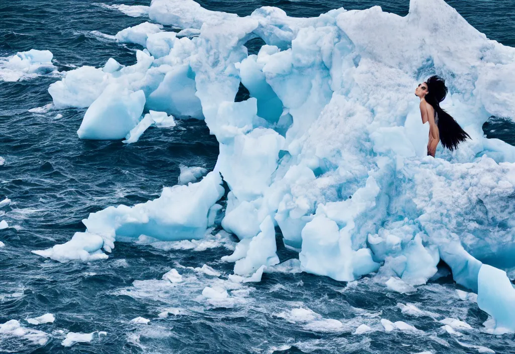 Prompt: fashion editorial on melting iceberg falling in the sea. huge waves. highly detailed. depth of field. high definition. 8k. photography.