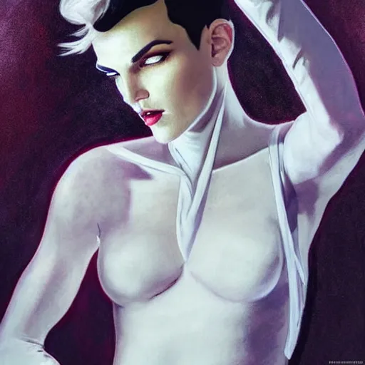 Prompt: beautiful portrait of androgynous ruby rose as desire from sandman in a white tuxedo!!!, rockabilly style, by frank moth, by alphonse mucha, cedric peyravernay, by jeremy mann, white suit and black tie, soft lightning, high detailed, 8 k