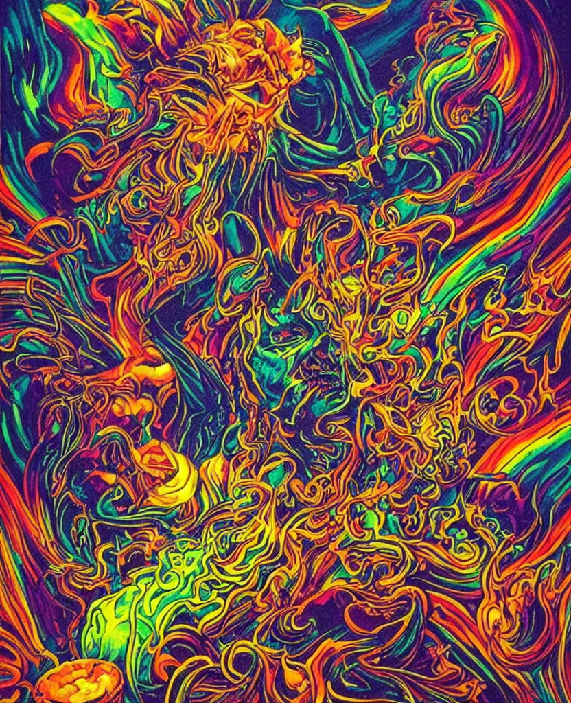 Prompt: a psychedelic ink painting of the devil smoking coleslaw, rainbow melting color scheme, by, greg hildebrandt, lsd trippy 8 k highly detailed ❤🔥 🔥 💀 🤖 🚀