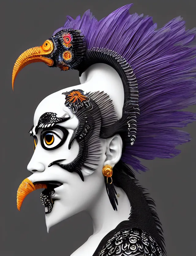 Image similar to 3 d goddess close - up profile portrait punk with mohawk with ram skull. beautiful intricately detailed japanese crow kitsune mask and clasical japanese kimono. betta fish, jellyfish phoenix, bio luminescent, plasma, ice, water, wind, creature, artwork by tooth wu and wlop and beeple and greg rutkowski