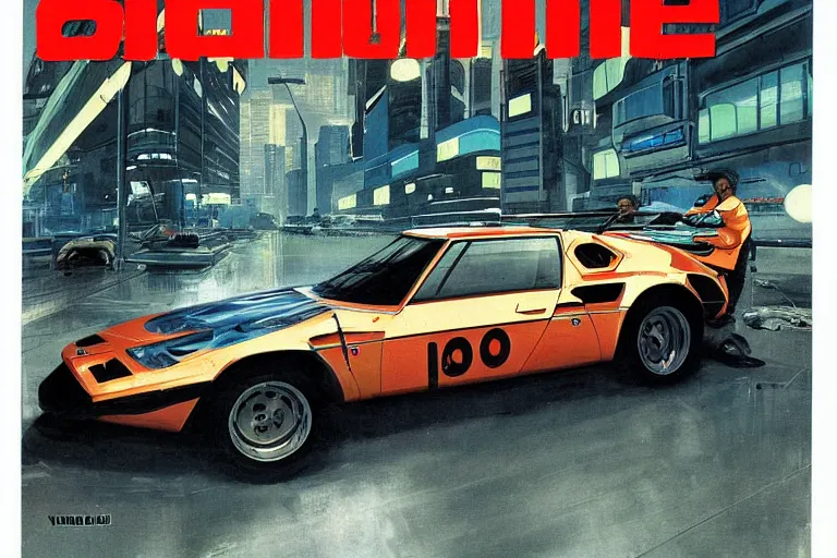 Image similar to 1969 Popular Science Magazine Cover BMW M1 Stratos, city in cyberpunk style by Vincent Di Fate