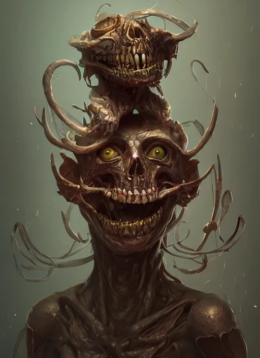 Image similar to anthropomorphic death smiling, au naturel, hyper detailed, digital art, trending in artstation, cinematic lighting, studio quality, smooth render, unreal engine 5 rendered, octane rendered, art style by klimt and nixeu and ian sprigger and wlop and krenz cushart