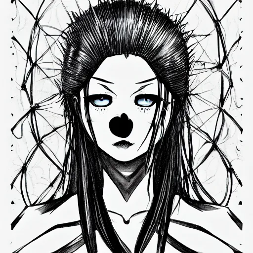 Image similar to headshot art of a goth anime woman, attractive, symmetrical face, cell-shading, trending on artstation, black and white watercolor