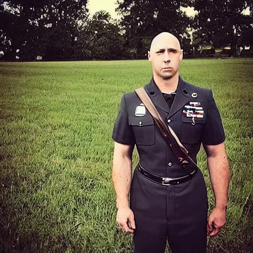 Image similar to “a short, strong, bald, buff, 35 year old man in a US Army Uniform standing in the middle of a field with a grumpy look on his face”