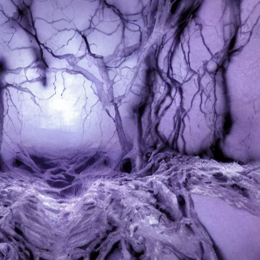 Image similar to a world of cold blue flesh with purple veins losing its molecular coherence, nightmare, horror, doom