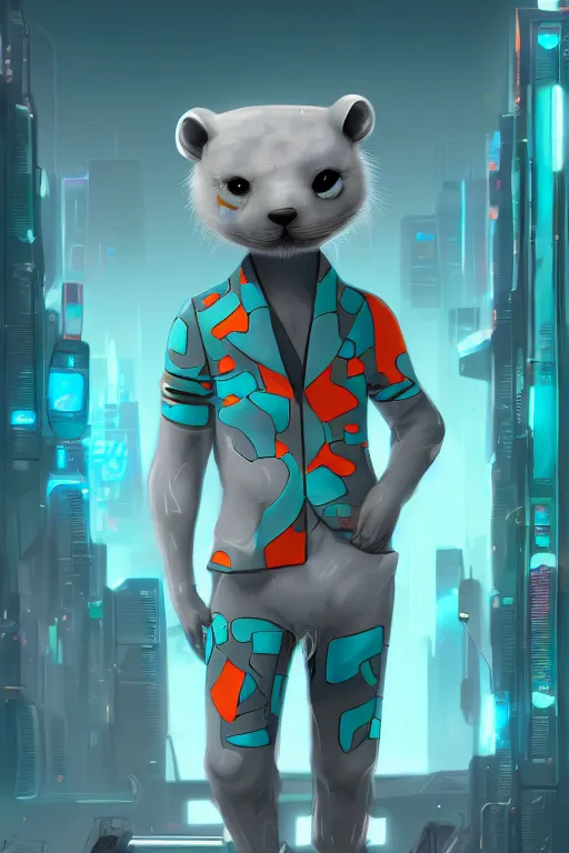 Image similar to a cute male gray turquoise white orange otter fursona wearing futuristic clothes in the streets of cyberpunk city, fantasy, 8 k resolution, hyper detailed, character design, digital painting, trending on artstation, illustration
