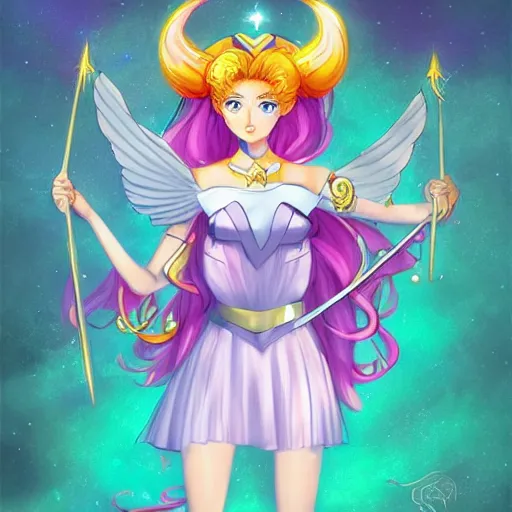 Image similar to a high fantasy portrait of a celestial magical girl, sailor moon, star guardians, very beautiful, very attractive, trending on artstation, cool color scheme, deviant art