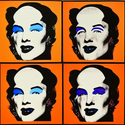 Image similar to old - style cyborg, 6 panels by andy warhol, with highly contrasted colors and an illuminating background