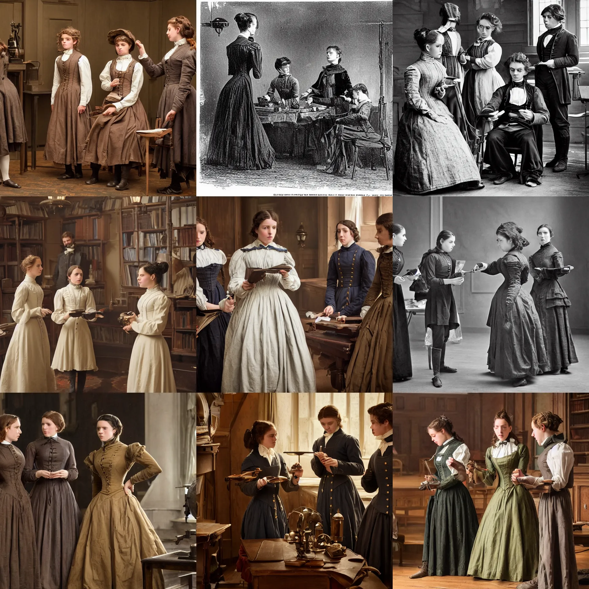 Prompt: sharp, highly detailed, from a 2 0 1 9 sci fi color movie, set in 1 8 7 0 in an alternate universe, mid distant shot of three students practicing magic, at the'school of science and magic ', 1 8 7 0 s era clothing, good lighting, in focus, detailed eyes and faces, live action, award winning lighting, award winning photography
