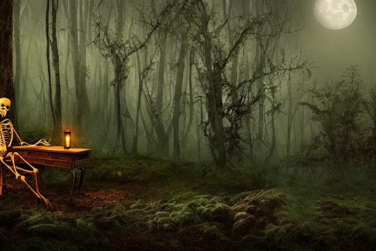 Prompt: a burning human skeleton sitting in foggy forest behind computer at moonlight night, overgrown with moss, dark atmosphere, scary dark fantasy, horror, highly detailed