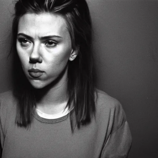 Image similar to scarlett johansson mugshot in jail, canon 3 5 mm photography