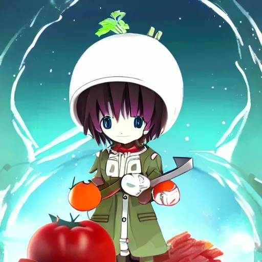 Image similar to cute android with big tomato hat and a carrot sword, made in abyss style