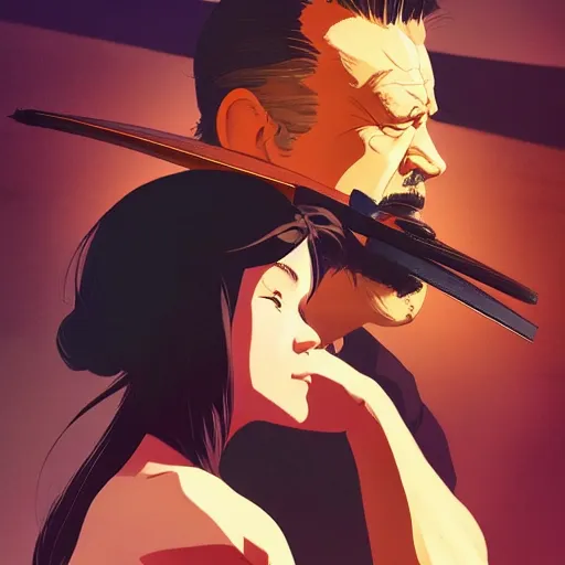 Image similar to stable diffusion stealing jobs from designers, digital painting masterpiece, by ilya kuvshinov, by frank frazetta, by mœbius, by reiq, by hayao miyazaki, intricate detail, beautiful brush strokes, advanced lighting technology, 4 k wallpaper, interesting character design, stylized yet realistic anatomy and faces, inspired by kill bill animated scene