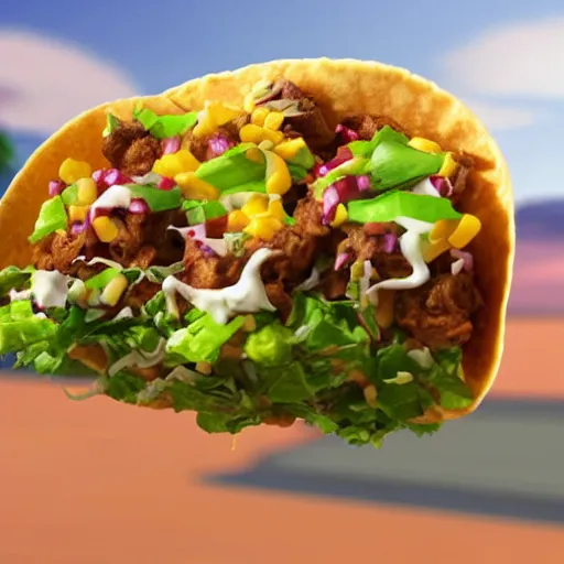 Prompt: a comically large taco falling from the sky onto a town