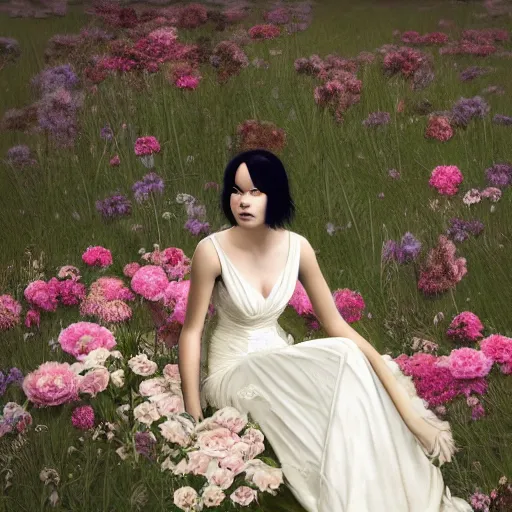 Prompt: cassandra cain in a wedding dress, sitting in a meadow full of peony flowers, cg animation, riot entertainment, arcane, realistic, character select portrait, by artgerm, greg rutkowski, alphonse mucha, 3 d