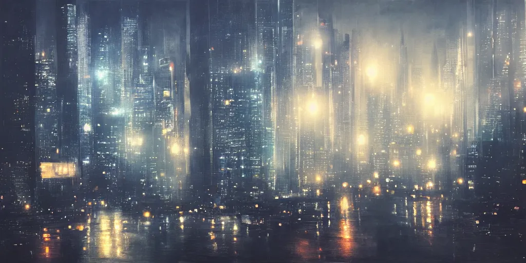 Image similar to a futuristic cityscape at night, foggy, soft lighting, realistic painting