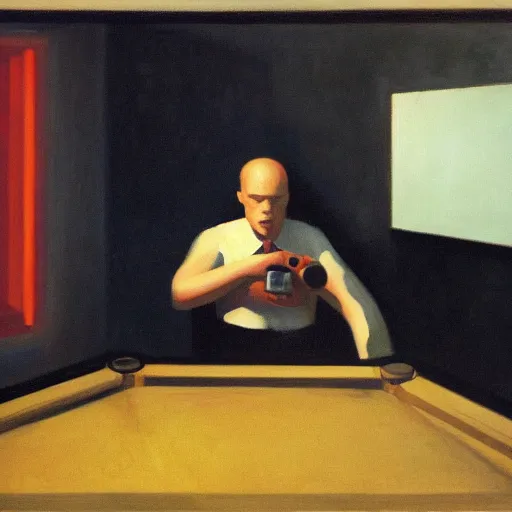 Image similar to a dark edward hopper oil painting of a man playing video games