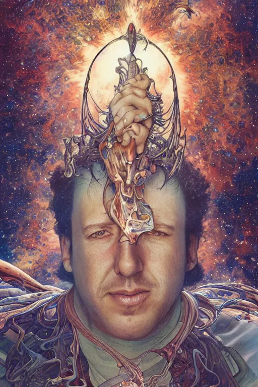 Image similar to adam sandler, by artgerm and yoshitaka amano and moebius and hr giger and zdislaw beksinski and alphonse mucha, hyperdetailed, symmetry, glamour, surreal, dc comics, ornate, stunning, nebula, explosions in the sky, trending on artstation