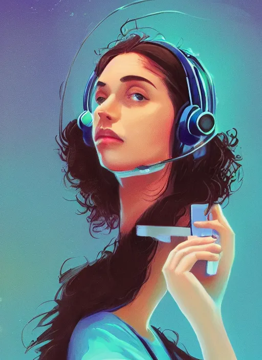 Prompt: portrait of a beautiful female telemarketer wearing a headset, hot bank, cloud, fume, smoke, gauze, haze, mist rising from head, Alena Aenami, Petros Afshar, Noah Bradley, Anton Fadeev, Anato Finnstark, Steve Henderson, Filip Hodas, Mark Keathley, Thomas Kinkade, Phil Koch, Gilbert Williams, Mike Winkelmann, Beeple