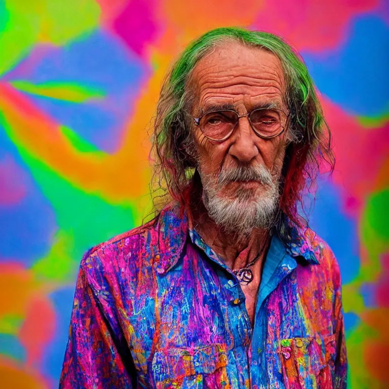 Prompt: colorful portrait photograph of an aging hippy wearing a shirt that resembles a quantum singularity, intense color photograph by william eggleston, shocking detail realism cosmic trending on artstation 8 k