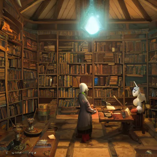 Prompt: a magical alchemists workshop full of strange equipment and books, highly detailed, diffused lighting, blender render, trending on artstation, 4 k, 8 k