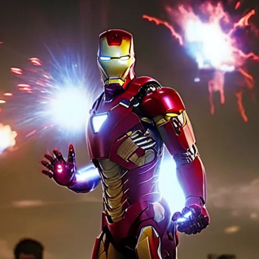 Image similar to marvel movie, ironman, mask off, tony stark, explosion in the background, epic