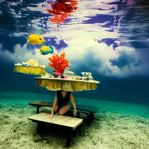 Prompt: dreamlike film photography of a three beautiful women in black one piece swimsuits sitting at a picnic table eating sandwhiches at night underwater in front of colourful underwater clouds by Kim Keever. In the foreground floats a seasnake. low shutter speed, 35mm