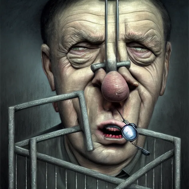 Image similar to behind bars of jail gediminas pranckevicius | close up portrait of a the trump behind jail bars in the sinister valley of despair, one mouth, one nose, two eyes, oil painting by tomasz jedruszek, cinematic lighting, pen and ink, intricate line, hd, 4 k, million of likes, trending on artstation